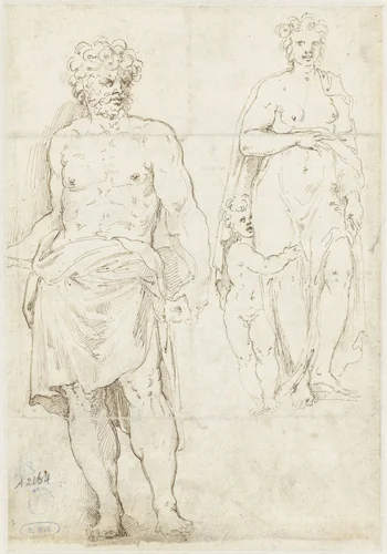 Halfnaakte man (Vulcanus?) en Venus en Amor by Unknown, drawing, 1530-1600