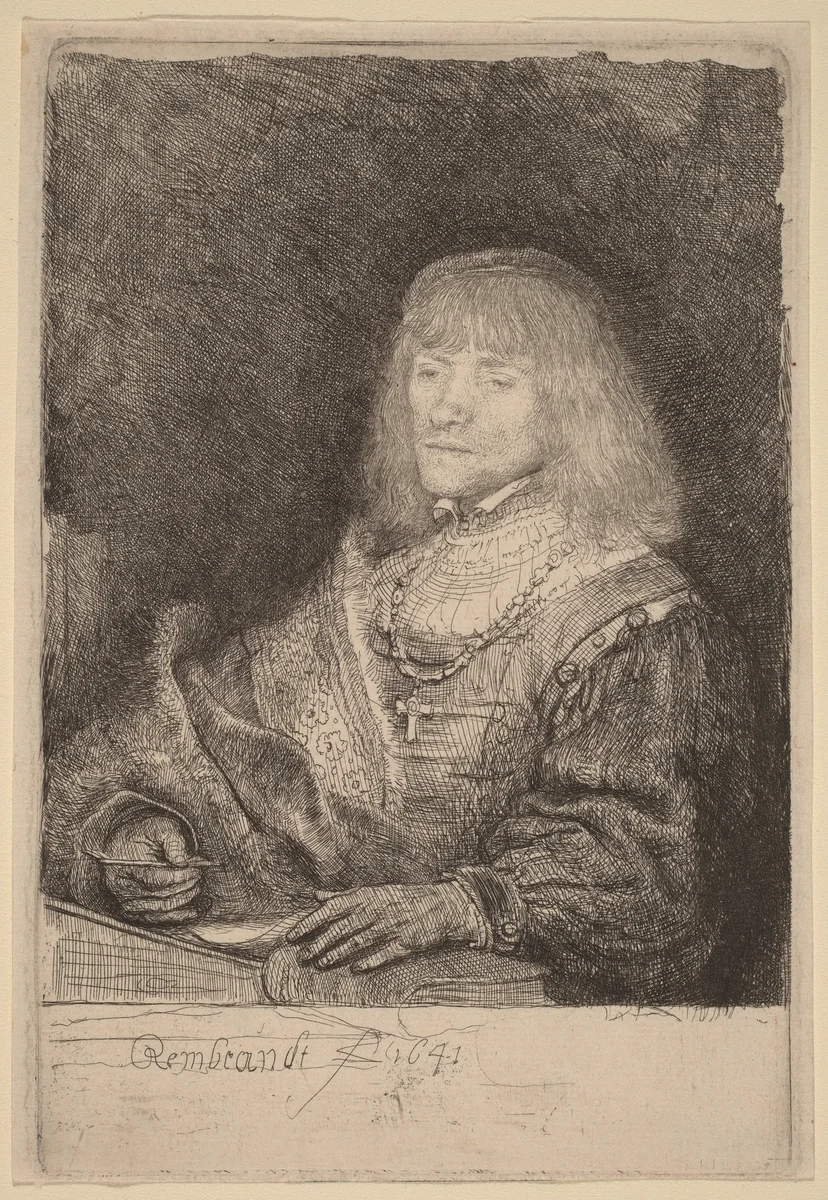 Man at a Desk Wearing a Cross and Chain by Rembrandt van Rijn, print, 1641