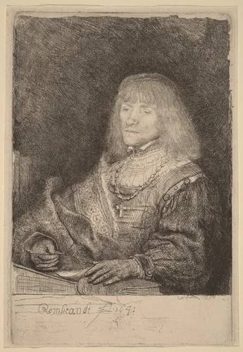 Man at a Desk Wearing a Cross and Chain by Rembrandt van Rijn, print, 1641