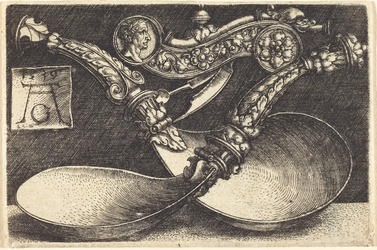 Designs for Two Spoons and a Dog Whistle by Heinrich Aldegrever, print, 1539