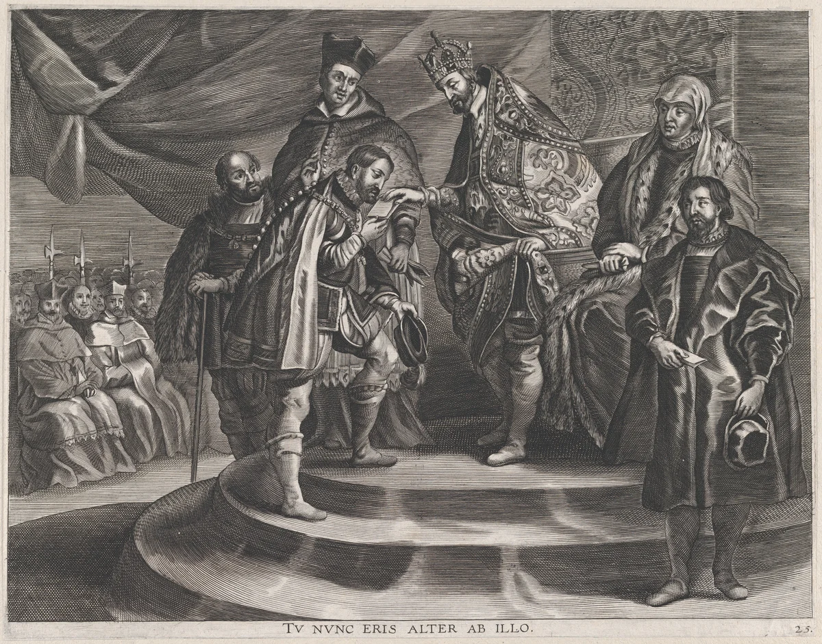 Plate 25: Philip crowned King of Spain by his father, Charles V; from Guillielmus Becanus's 'Serenissimi Principis Ferdinandi, Hispaniarum Infantis...' by Anton van der Does, print, 1636