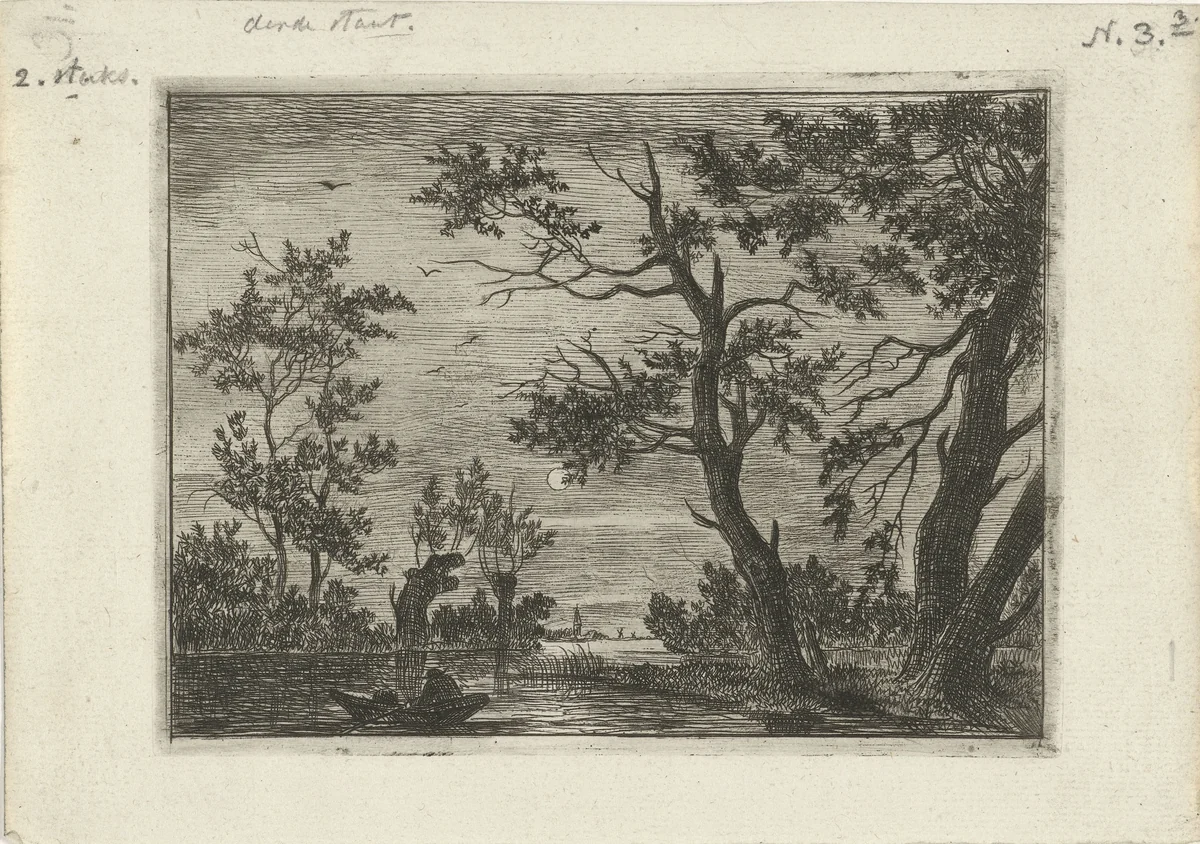 Nachtgezicht met een figuur in een boot by Cornelis van der Griendt, print, 1850