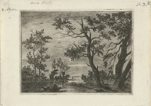 Nachtgezicht met een figuur in een boot by Cornelis van der Griendt, print, 1850