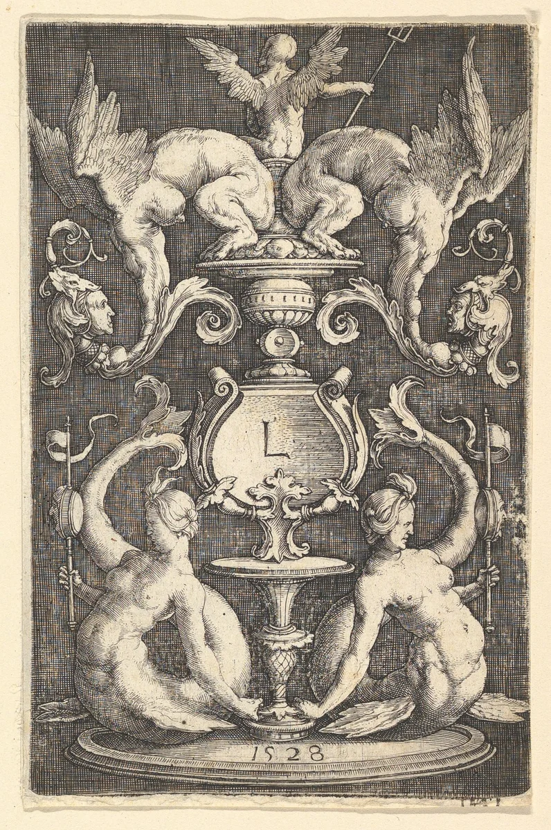 Panel of Ornament with Two Sirens by Lucas van Leyden, print, 1528