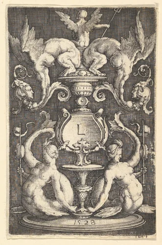 Panel of Ornament with Two Sirens by Lucas van Leyden, print, 1528