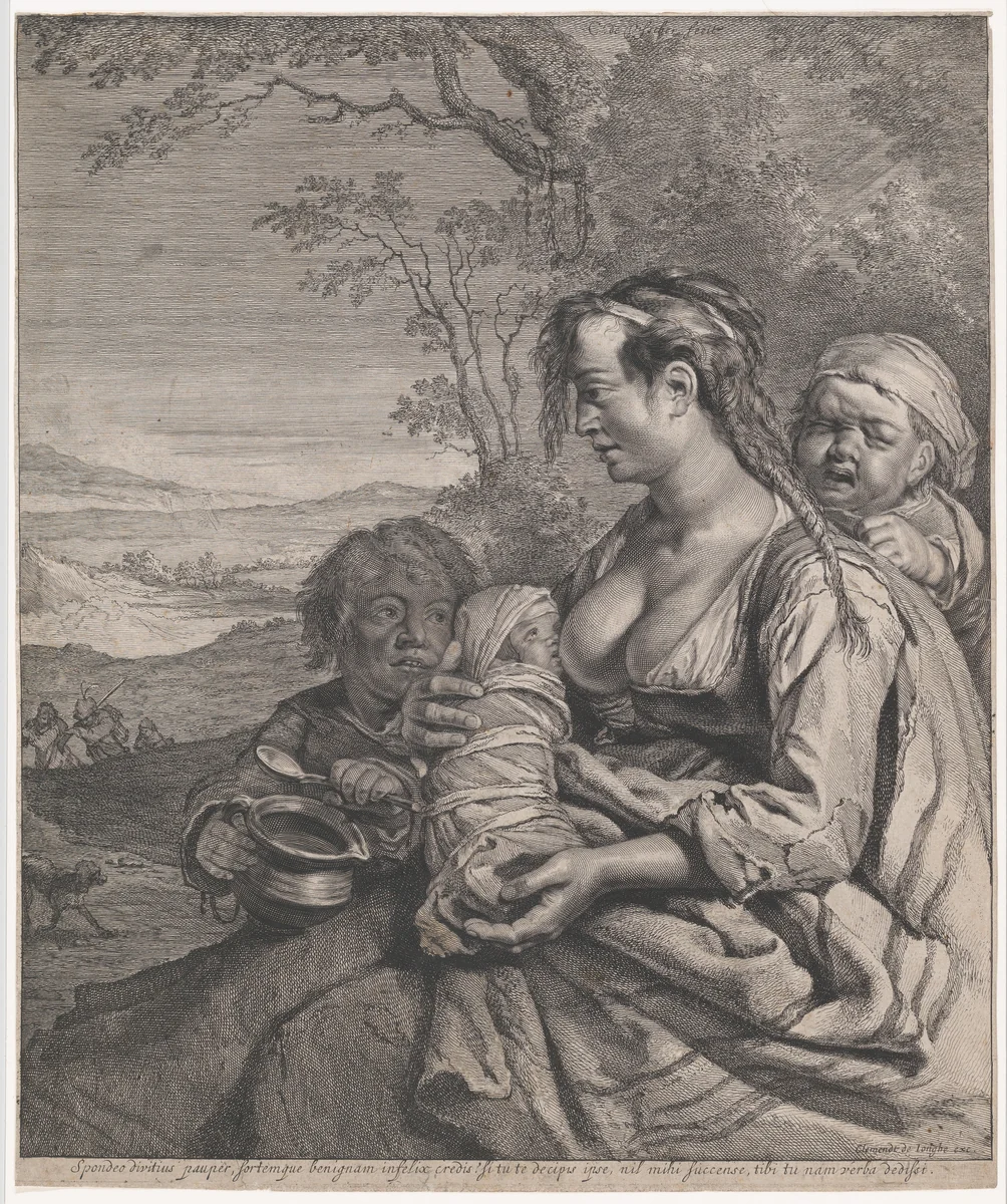 Roma Mother with Children by Cornelis Visscher, print, 1650-1658