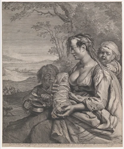 Roma Mother with Children by Cornelis Visscher, print, 1650-1658