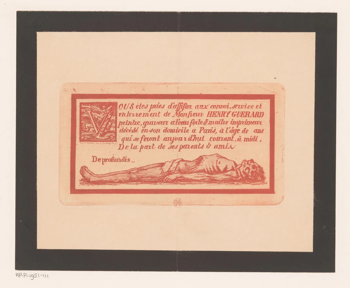 Aankondiging van begrafenis met initiaal met de Dood en eronder een liggend lichaam by Henri Charles Guérard, print, 1856-1897
