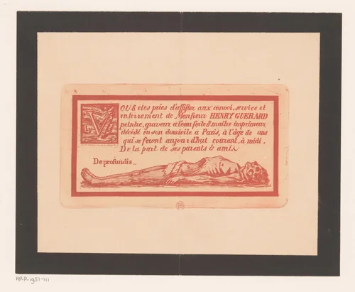 Aankondiging van begrafenis met initiaal met de Dood en eronder een liggend lichaam by Henri Charles Guérard, print, 1856-1897