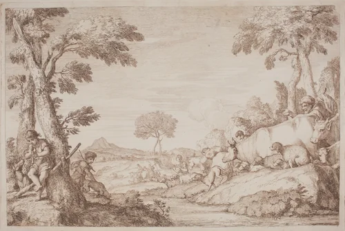 A Pastoral Journey with a Boy Playing His Flute by a Tree by Gaetano Zompini, Giovanni Benedetto Castiglione, portfolio, 1759