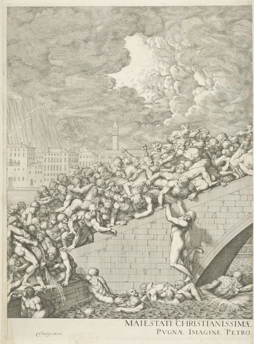 Vechtpartij op brug in Venetië (linker deel) by Domenico Rossetti, print, 1660-1736