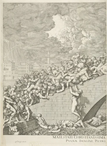 Vechtpartij op brug in Venetië (linker deel) by Domenico Rossetti, print, 1660-1736
