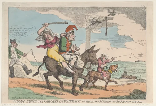 Bloody Boney the Carcass Butcher Left of Trade and Retiring to Scarecrow Island by Thomas Rowlandson, print, 1814