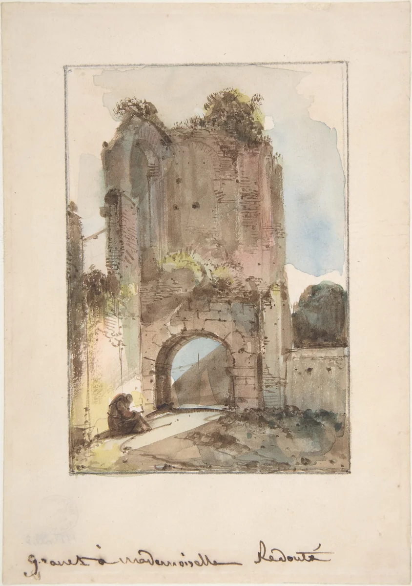 Monk Seated Before a Ruined Gateway by François Marius Granet, drawing, 1785-1849