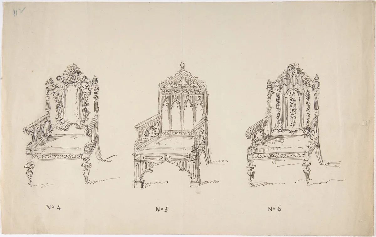 Design for Three Low Gothic or Renaissance Style Arm Chairs by anonymous, drawing, 1800-1850