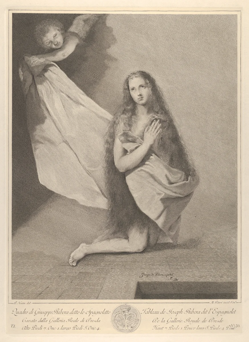 The Magdalene kneeling, from 'Recueil d'estampes d'après les plus célèbres tableaux de la Galerie Royale de Dresde' by Marco Alvise Pitteri, print, 1730-1786