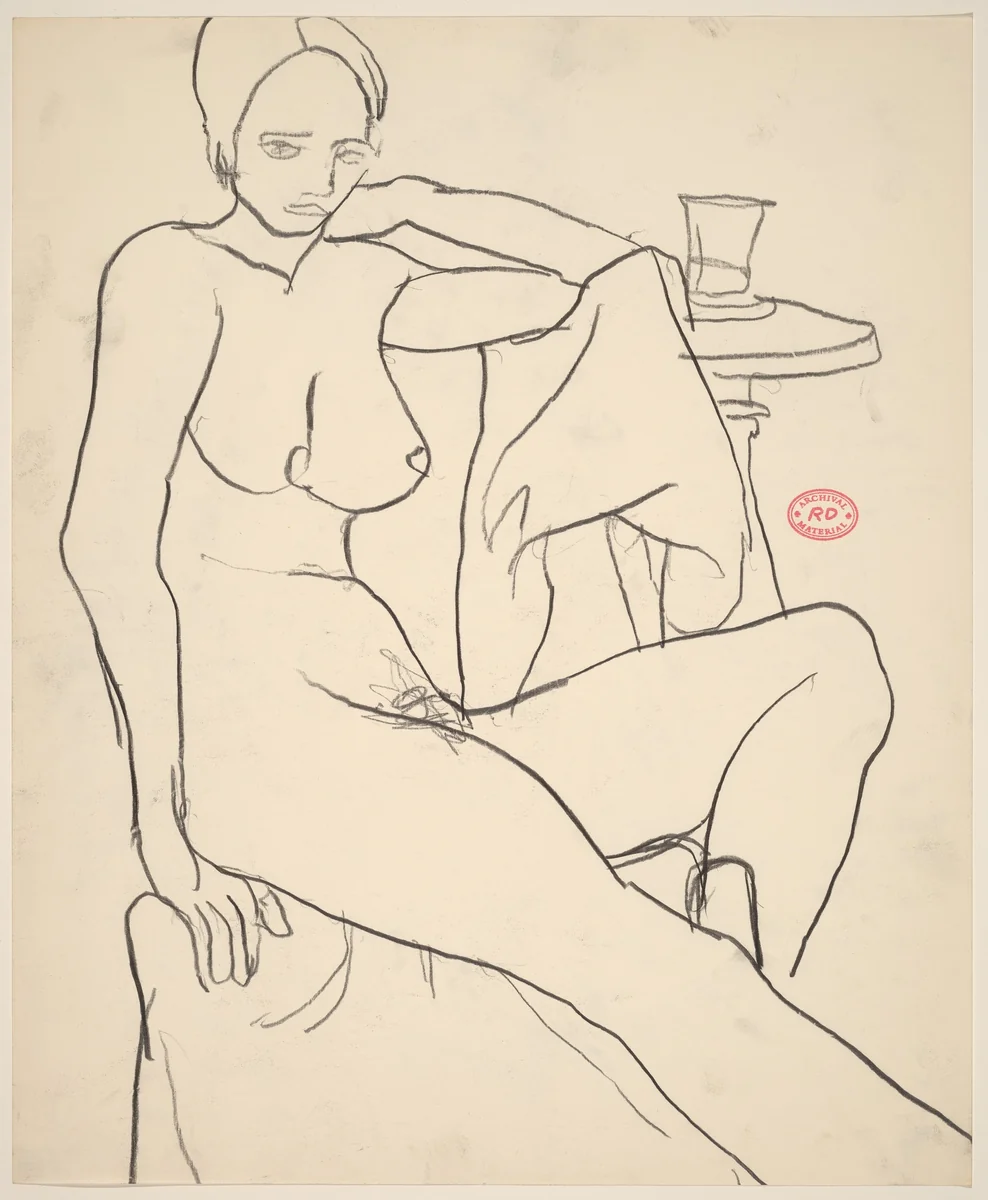 Untitled [female nude seated beside a table with a glass] by Richard Diebenkorn, drawing, 1955-1967