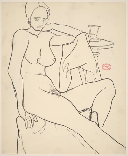 Untitled [female nude seated beside a table with a glass] by Richard Diebenkorn, drawing, 1955-1967
