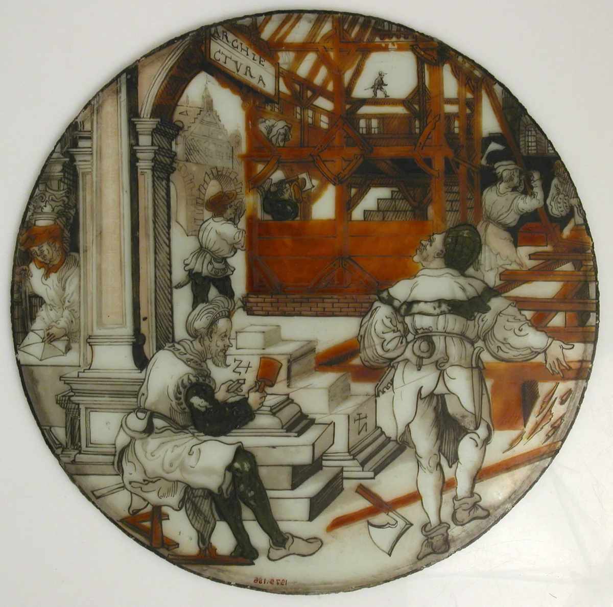 Roundel with Architecture (from a series of The Septem Artes Mechanicae) by Monogrammist SZ, painting, 1563-1599