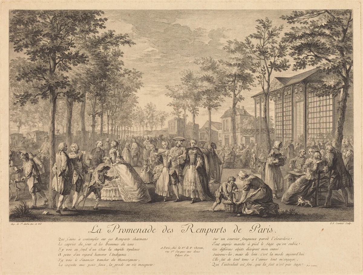 La promenade des remparts de Paris by Pierre-Francois Courtois; Augustin de Saint-Aubin, print, 1760