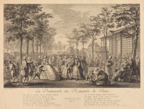La promenade des remparts de Paris by Pierre-Francois Courtois; Augustin de Saint-Aubin, print, 1760