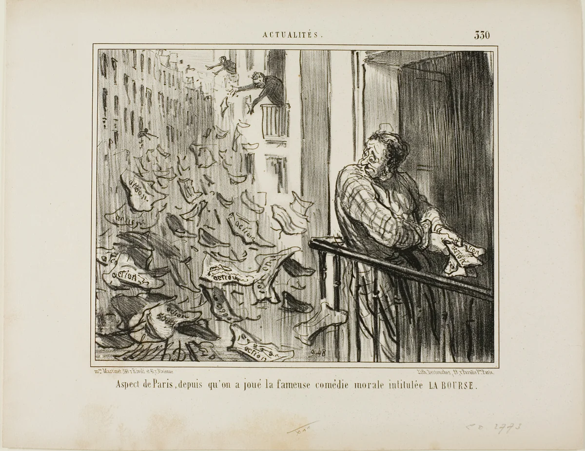 View Taken of the Streets of Paris after the Performance of the Famous Moralistic Comedy "La Bourse,” plate 330 from Actualités by Honoré-Victorin Daumier, print, 1856