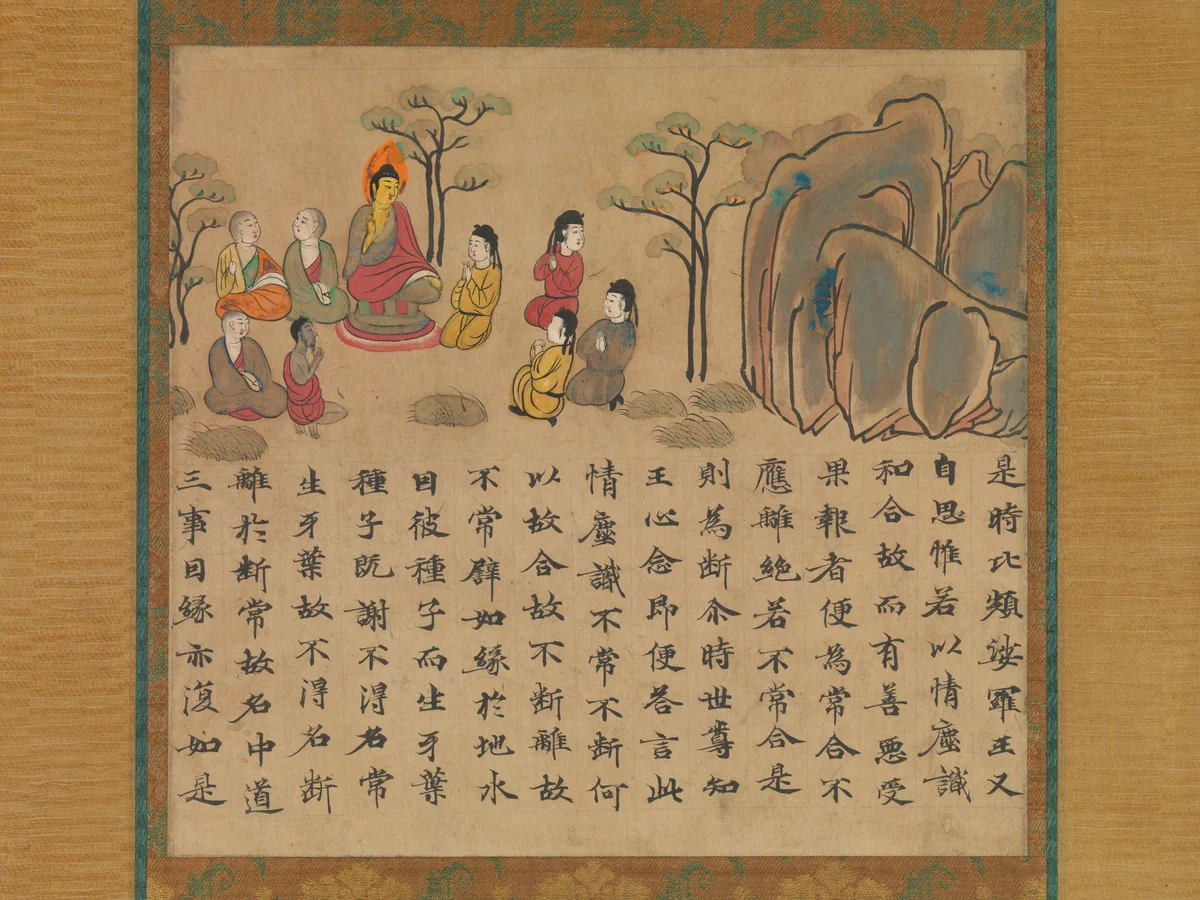 “The Historical Buddha Preaching,” a section from The Illustrated Sutra of Past and Present Karma (Kako genzai inga kyō emaki) by Unidentified Artist, painting, 734-766