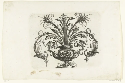 Vaas met bloemen en ranken by Christoph Jamnitzer, print, 1573-1610