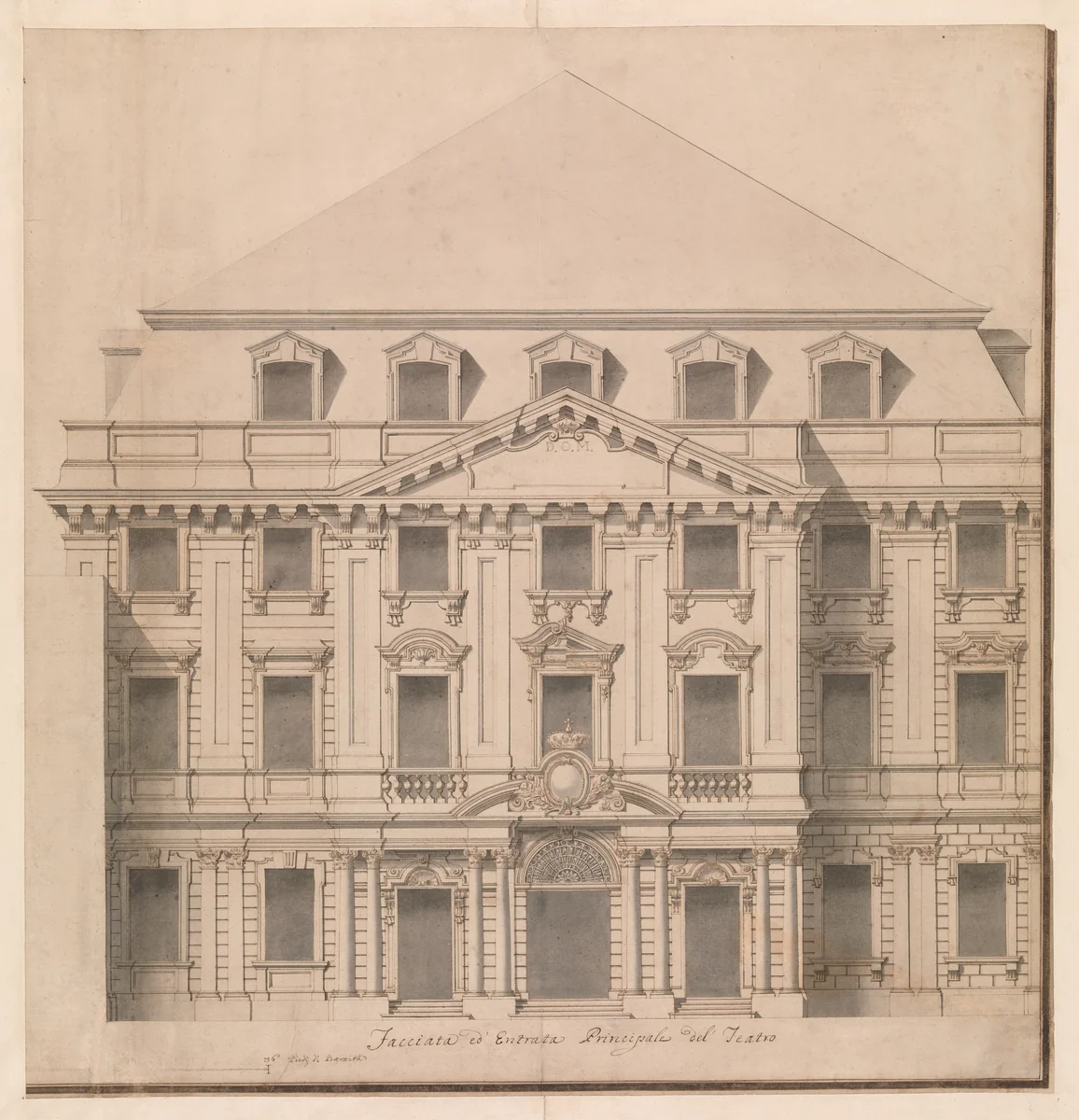 View of a Theater (Bayreuth): Exterior Elevation of the Façade; Central Portal Surmounted by Royal Crown by Giuseppe Galli Bibiena, drawing, 1696-1756