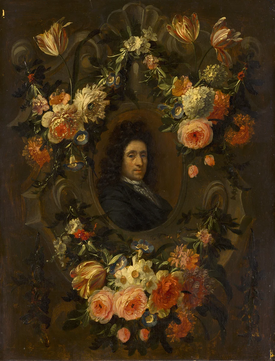 Portrait of a Man Encircled by a Wreath of Flowers by Jean Baptiste Morel, painting, 1690