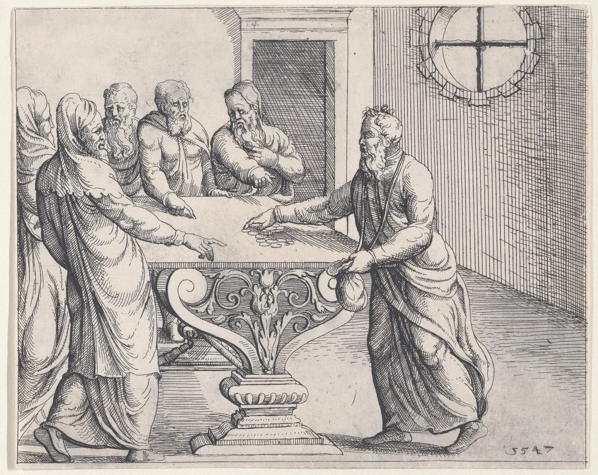 Judas Being Paid the 30 Pieces of Silver, from Old and New Testaments by Augustin Hirschvogel, print, 1547