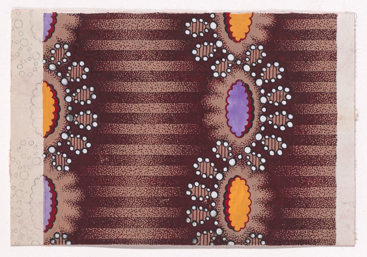 Textile Design with Vertical Undulating Strips of Pearls with Alternating Offsetting Stylized Leaves and Rosettes over a Striped Background by anonymous, drawing, 1840