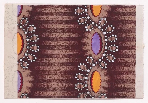 Textile Design with Vertical Undulating Strips of Pearls with Alternating Offsetting Stylized Leaves and Rosettes over a Striped Background by anonymous, drawing, 1840