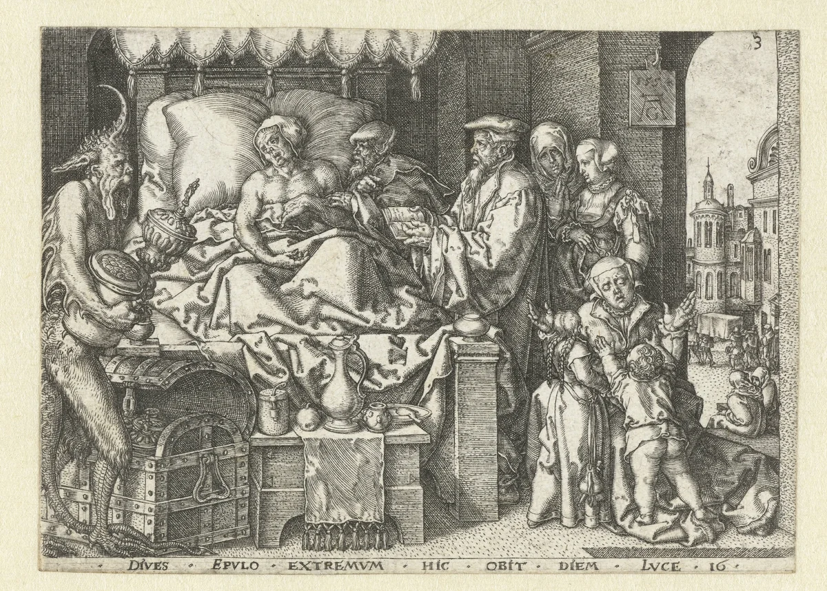 De rijke man op zijn sterfbed by Unknown, print, 1554