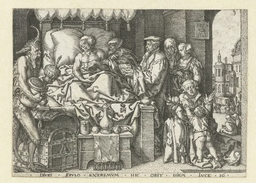 De rijke man op zijn sterfbed by Unknown, print, 1554