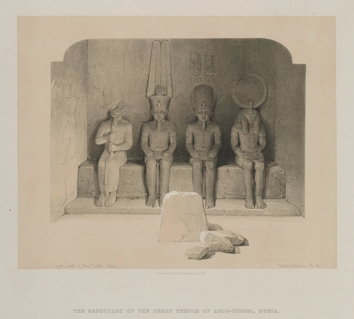 Egypt and Nubia, Volume I: Sanctuary of the Temple of Aboo-Simbel, Nubia by Louis Haghe, print, 1846