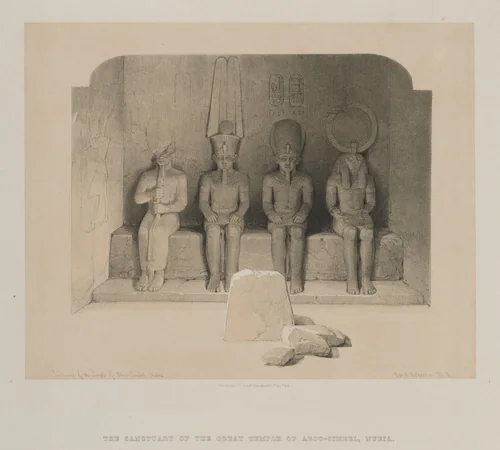 Egypt and Nubia, Volume I: Sanctuary of the Temple of Aboo-Simbel, Nubia by Louis Haghe, print, 1846