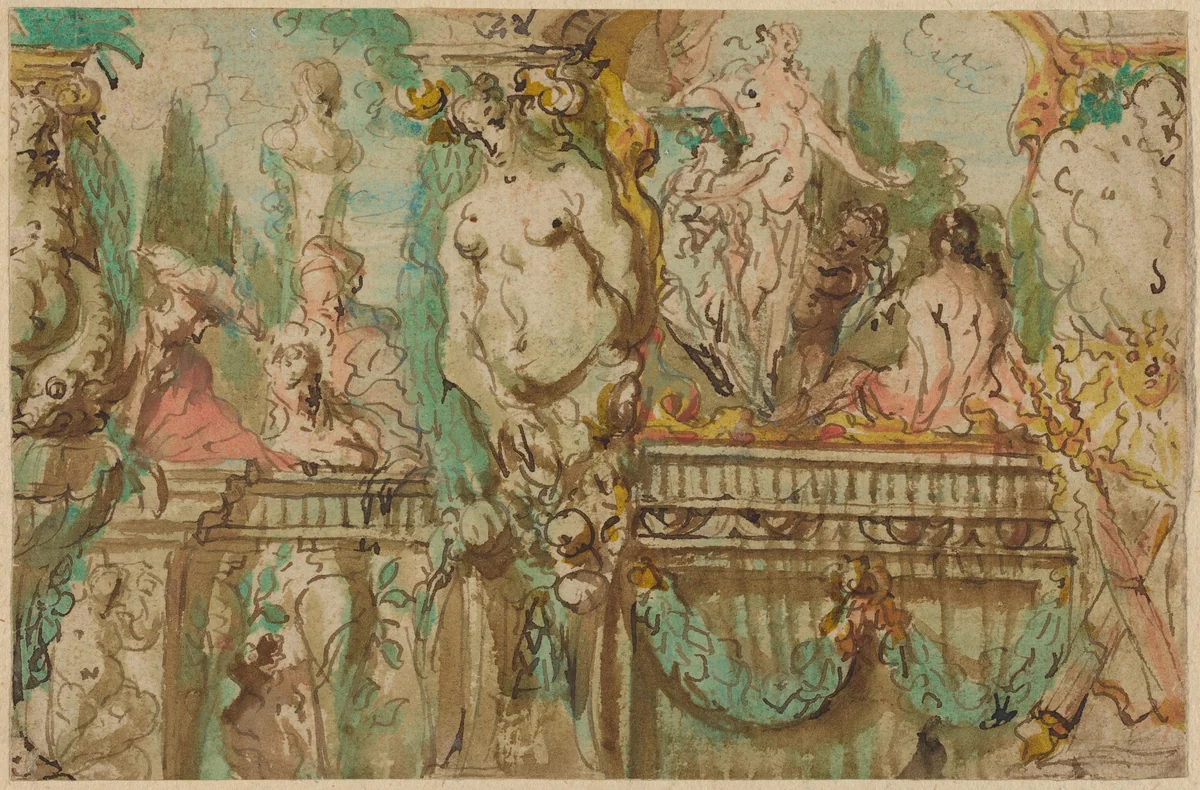 A Ceiling Design with Allegorical Figures by Johann Evangelist Holzer, drawing, 1709-1740