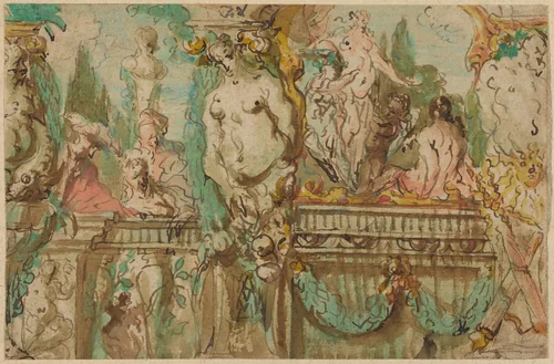 A Ceiling Design with Allegorical Figures by Johann Evangelist Holzer, drawing, 1709-1740