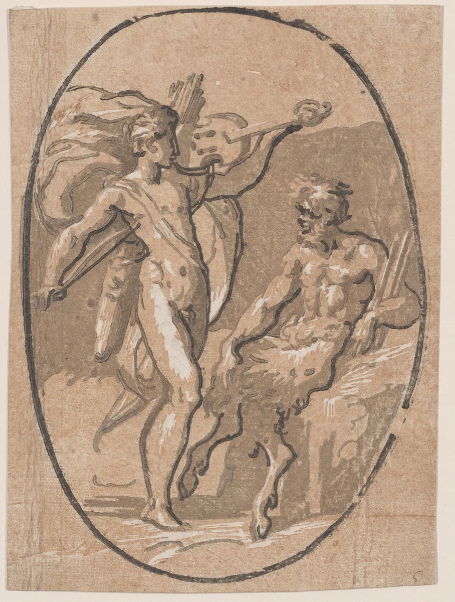 The contest between Apollo and Marysas by Niccolò Vicentino, print, 1535-1545