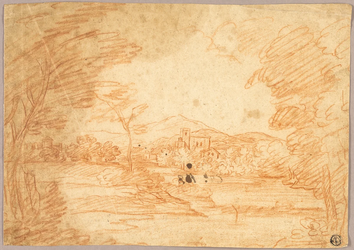River Landscape with Buildings by Adrien Manglard or Claude Lorrain, drawing, 1715-1760