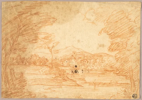 River Landscape with Buildings by Adrien Manglard or Claude Lorrain, drawing, 1715-1760