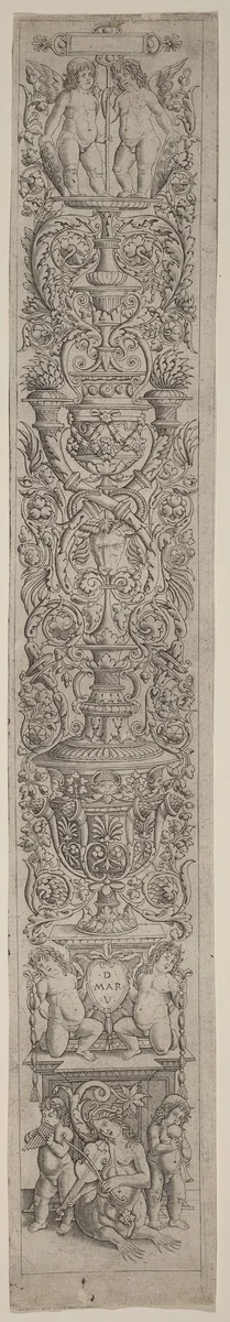 Ornament Panel: Nereid and Two Children Playing Musical Instruments by Giovanni Pietro Birago; Andrea Zoan, print, 1505-1515