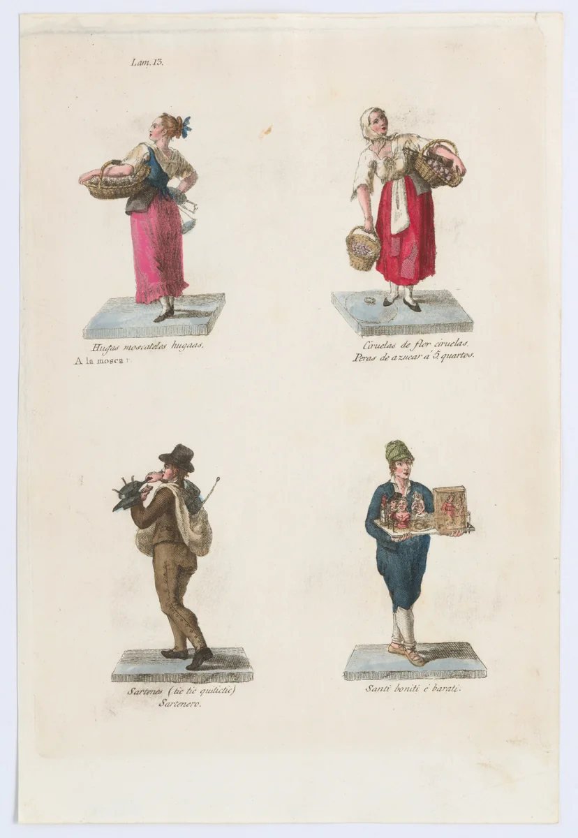 Plate 13: four street vendors from Madrid selling muscat grapes, plums, pans and pop-up saints, from 'Los Gritos de Madrid' (The Cries of Madrid) by Miguel Gamborino, print, 1809-1817