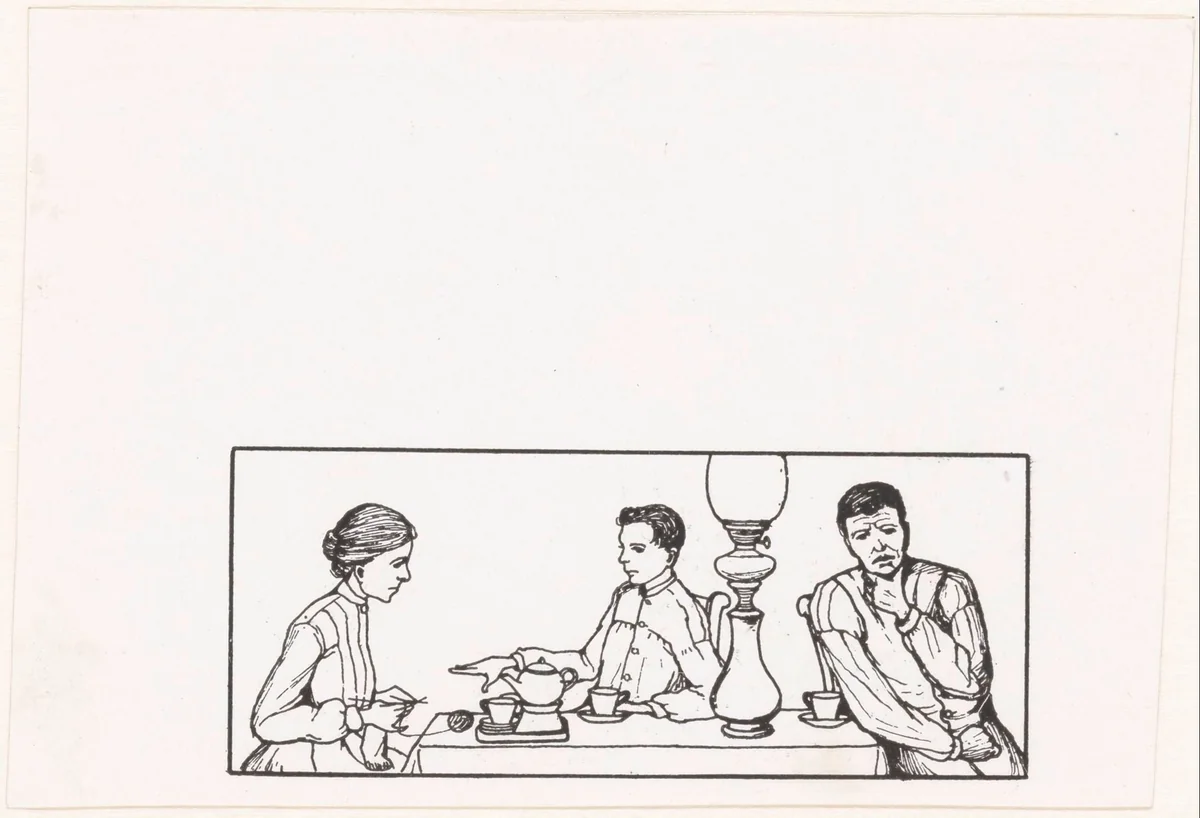 Twee mannen en een vrouw aan een tafel by Julie de Graag, print, 1878-1924