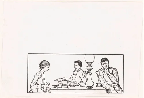 Twee mannen en een vrouw aan een tafel by Julie de Graag, print, 1878-1924