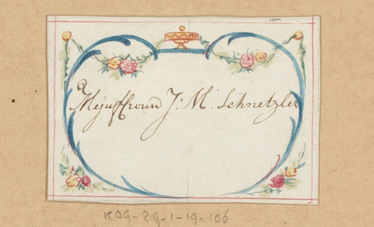 Bruiloftskaart voor 'Mejuffrouw J: M: Schnetzler' by anonymous, drawing, 1780-1800