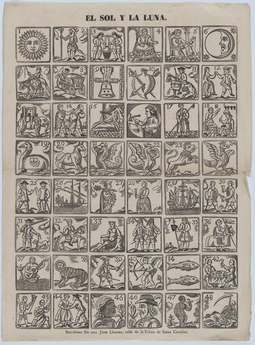 Broadside with 48 allegorical figures pertaining to the sun and the moon by Juan Llorens, print, 1855-1865