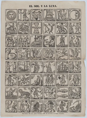 Broadside with 48 allegorical figures pertaining to the sun and the moon by Juan Llorens, print, 1855-1865