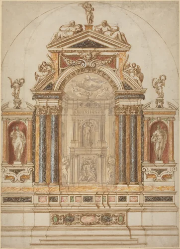 An Elaborate Altar of Colored Marble Ornamented with Sculptures by Italian 17th Century, drawing, 1600-1699